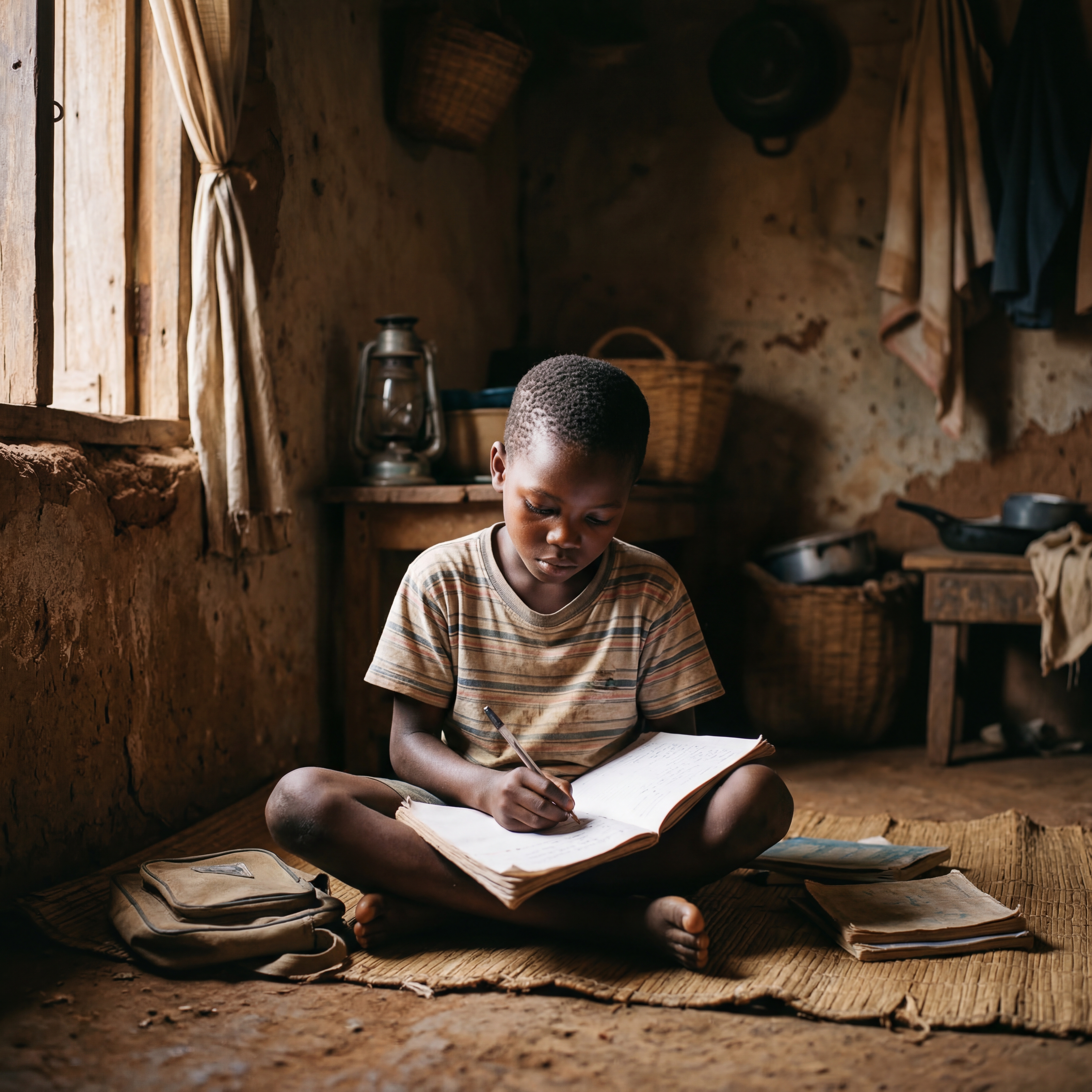 Student studying by window light